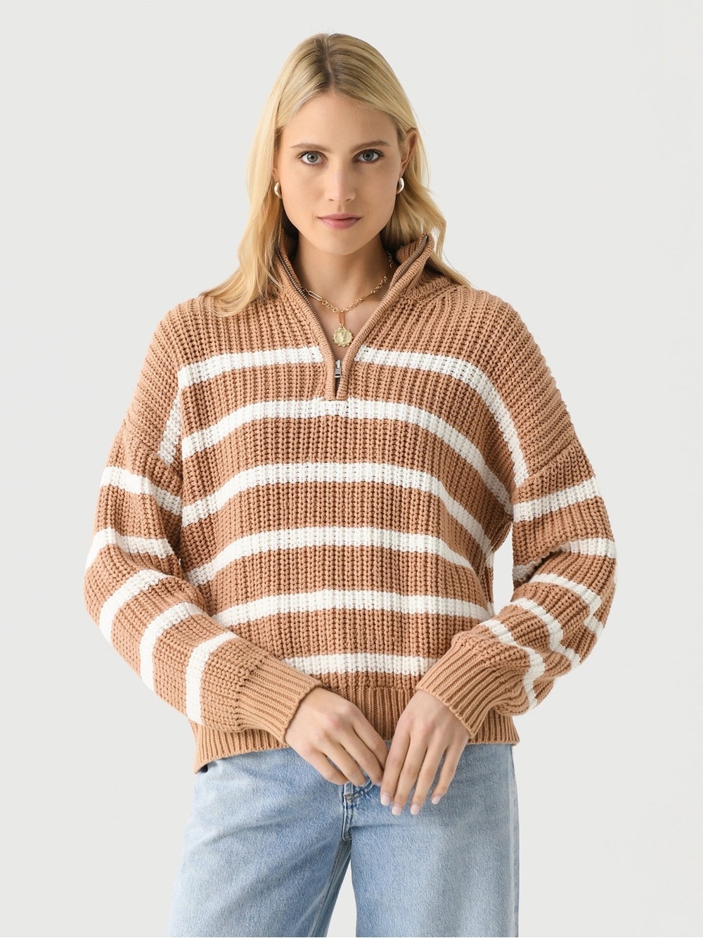 LENU Women's Striped Quarter-Zip Sweater